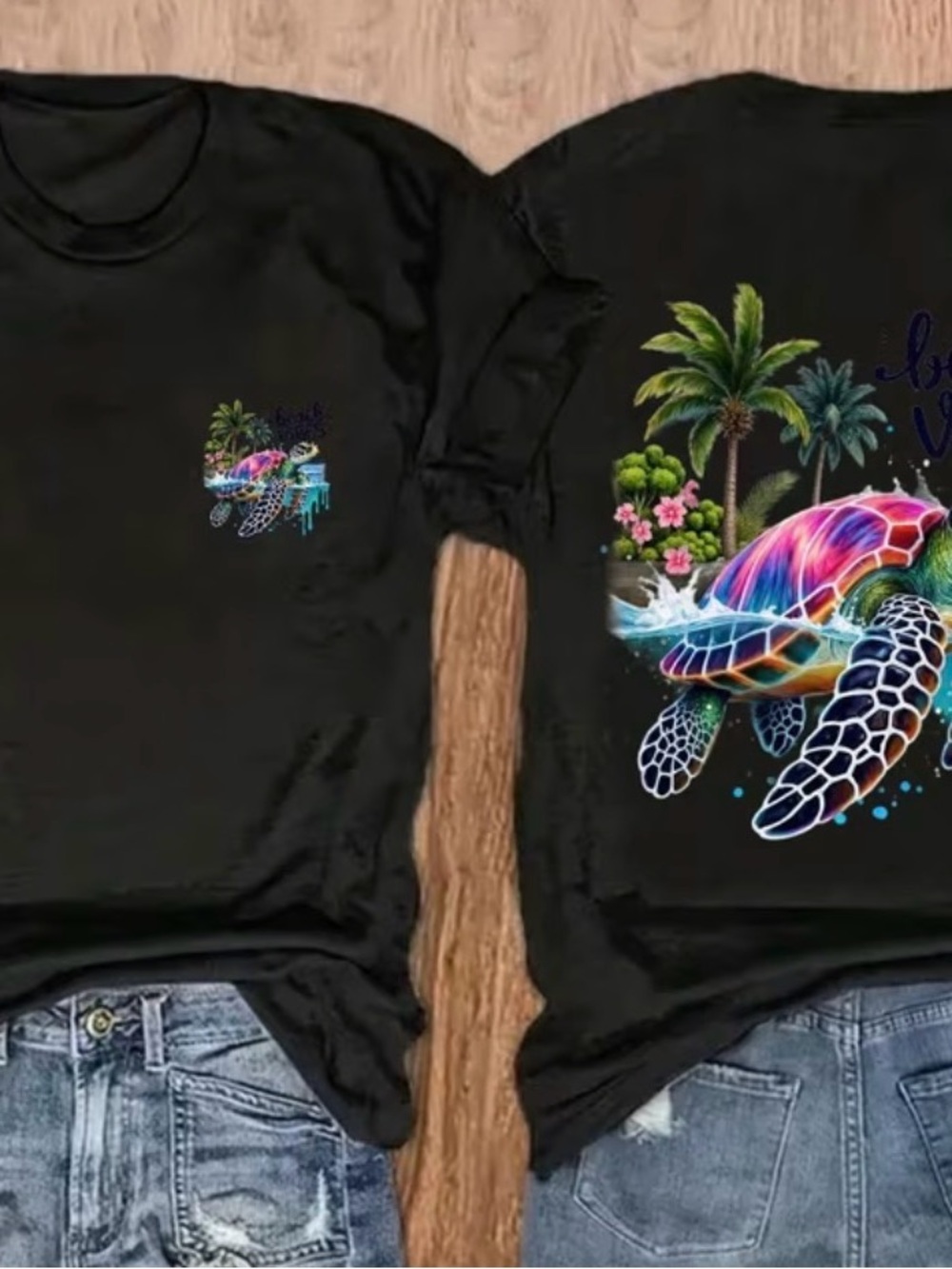 Neon Sea Turtle Graphic Tee - Black Large